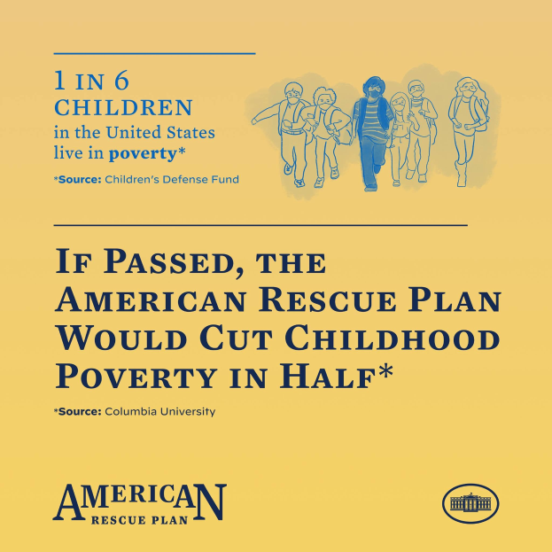 Plakat für den American Rescue Plan mit Text, der besagt, dass er die Kinderarmut in der Hälfte reduzieren würde, und einem Foto einer vielfältigen Gruppe von Menschen.