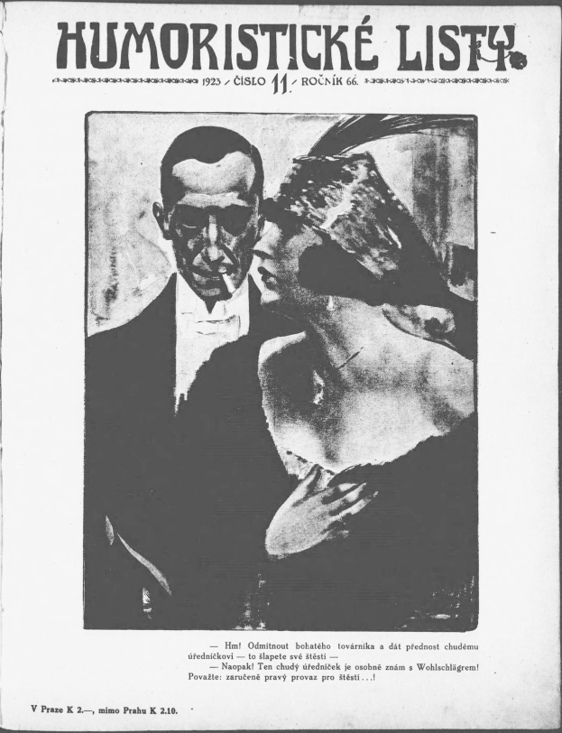 Schwarz-weißes Magazin-Cover mit der Überschrift 'Humoristische Liste', das einen Mann im Anzug mit ernster Miene und eine Frau zeigt, die wegsieht und leicht schmunzelt.