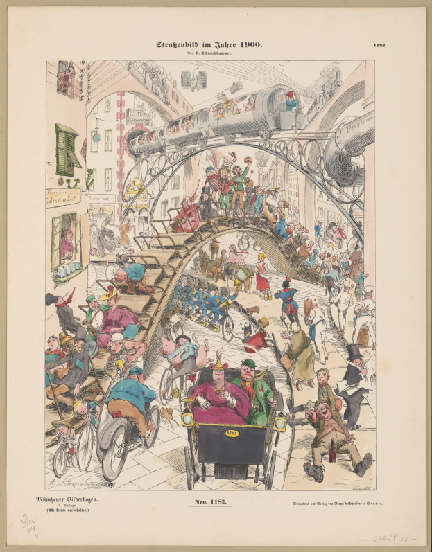 Ein altes Buch mit einer Zeichnung einer aufgeregten Menge an einem Bahnhof von 1900, umgeben von einem Photo-Rahmen, mit der Aufschrift 'Straßenbild im Jahre 1900' auf der Seite.