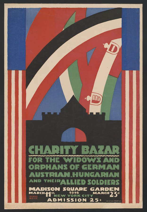Charity-Bazar-Plakat für die Witwen und Waisen deutscher, australischer, ungarischer und alliierter Soldaten mit Text.