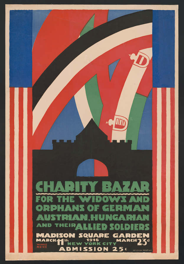 Ein Plakat für eine Wohltätigkeitsbasar, der die Witwen und Waisen von Soldaten verschiedener Nationen unterstützt, mit Veranstaltungseinzelheiten.