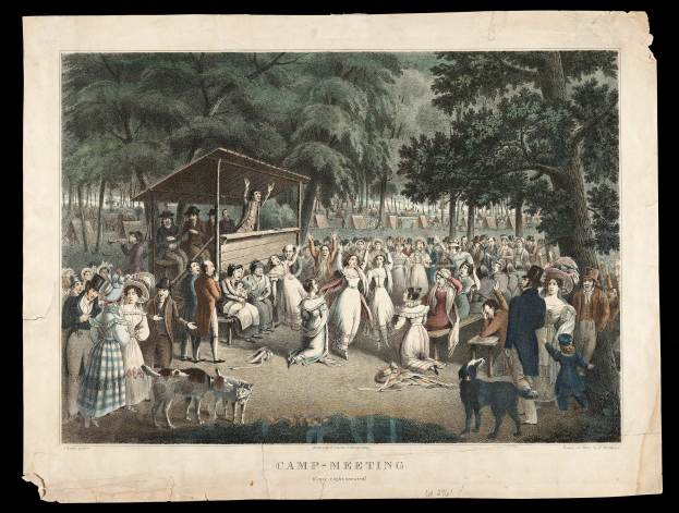 Gruppe von Menschen im Park mit Bäumen im Hintergrund und einer Hütte im Vordergrund, beschriftet mit "Camp Meeting" unten.