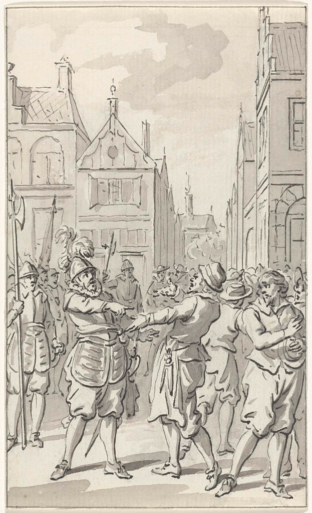 Eine Zeichnung von Menschen, die auf der Straße tanzen, mit Gebäuden und Himmel im Hintergrund, unterzeichnet mit 'William Hogarth, 'Die Rückkehr des verlorenen Sohnes' unten.