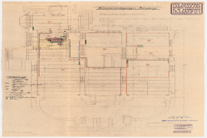 Schwarzes und weiße Architekturdiagramm des Rosenhof-Krankenhauses in Hamburg, Deutschland, das detaillierte Layout mit zahlreichen Drähten, Räumen, Fluren und Textanmerkungen auf altem Papier zeigt.