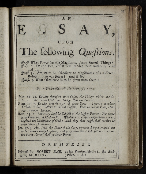 Ein aufgeschlagenes Buch mit den Worten "eine Abhandlung über die folgenden Fragen" darauf gegen einen schwarzen Hintergrund.