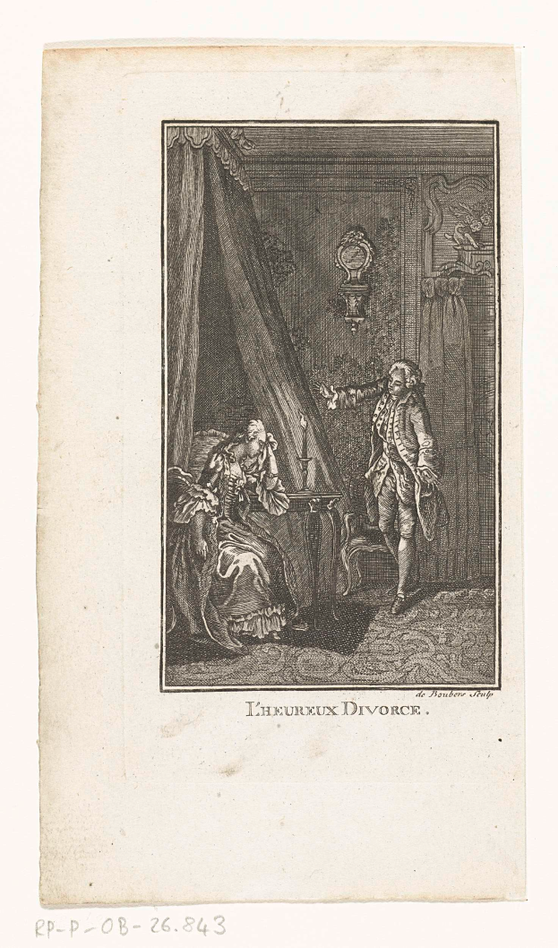 Ein Gravur eines stehenden Mannes und einer sitzenden Frau in einem Raum mit einem Vorhang im Hintergrund und dem Text "L'heureux divorce" unten.