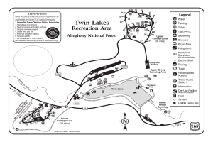 Detailierte Karte des Twin Lakes Freizeitgebiets mit Wanderwegen, Sehenswürdigkeiten und Wegmarkierungen.