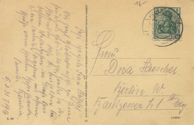Eine alte deutsche Postkarte in sehr gutem Zustand mit einer Briefmarke und der Aufschrift "Konzert-Luger-Konferenz-Kommunikation" sowie der Nummer "174097".