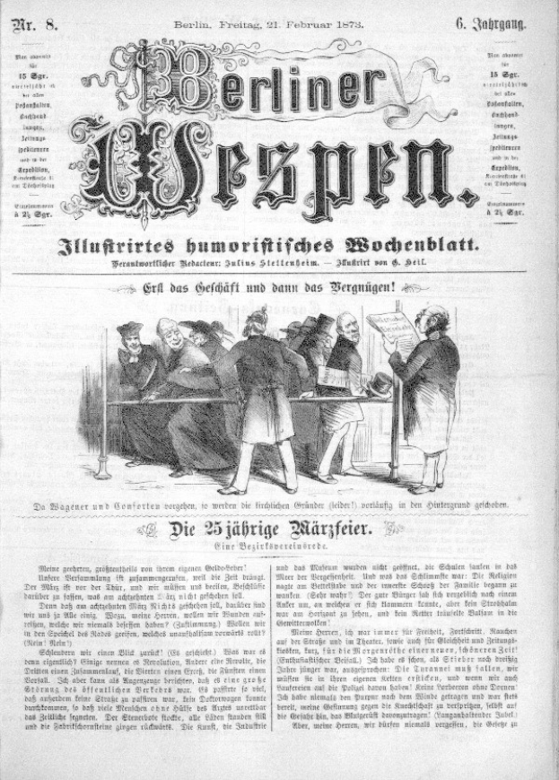 Alte deutsche Zeitung "Berliner Wespen" vom 21. Februar 1873 mit einer Gruppe von Menschen in traditioneller deutscher Kleidung, die sich unterhalten, und deutschem Text zum Ereignis.