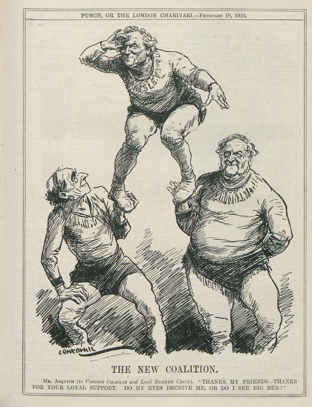 Eine Zeichnung mit drei betroffenen Menschen und der Überschrift "Die neue Koalition - Punch, oder das Londoner Charivari - Februar 18, 1920".