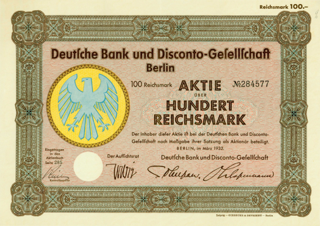 Alte deutsche Banknote mit einem Vogel-Design und der Aufschrift "Deutsche Bank und Disconto-Gesellschaf Berlin".