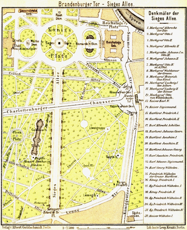 Alte detaillierte Karte von Brandenburg, Deutschland, mit Straßen, Gebäuden, Parks und Landmarken mit begleitendem Text.
