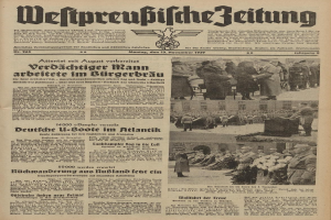 Schwarze und weiße Titelseite einer deutschen Zeitung vom 13. November 1939 mit der Schlagzeile "Weitpreubliche Zeitung" und einem Foto von Menschen in traditioneller deutscher Tracht in einer feierlichen Szenerie.