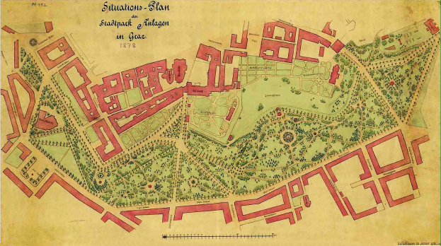 Alte Karte von Stuttgart, Deutschland, mit grüner Umrandung, die Gebäude, Straßen und andere Merkmale mit Texten zeigt, die Bevölkerung, Lage und historische Details bereitstellen.