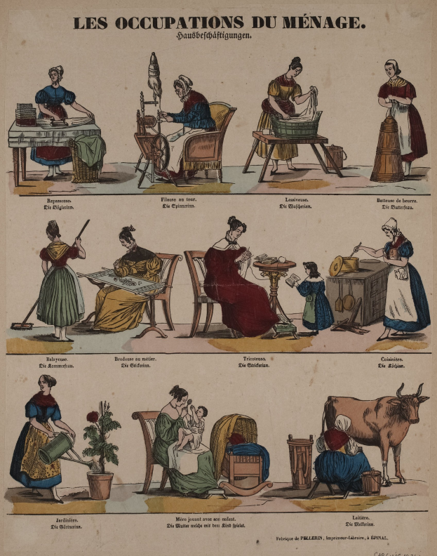 Ein Plakat aus dem 19. Jahrhundert, das geschlechtertypische Berufe zeigt, mit sitzenden und stehenden Figuren, einer Kuh, einem Topf mit einer Pflanze und anderen Gegenständen sowie erklärendem Text.