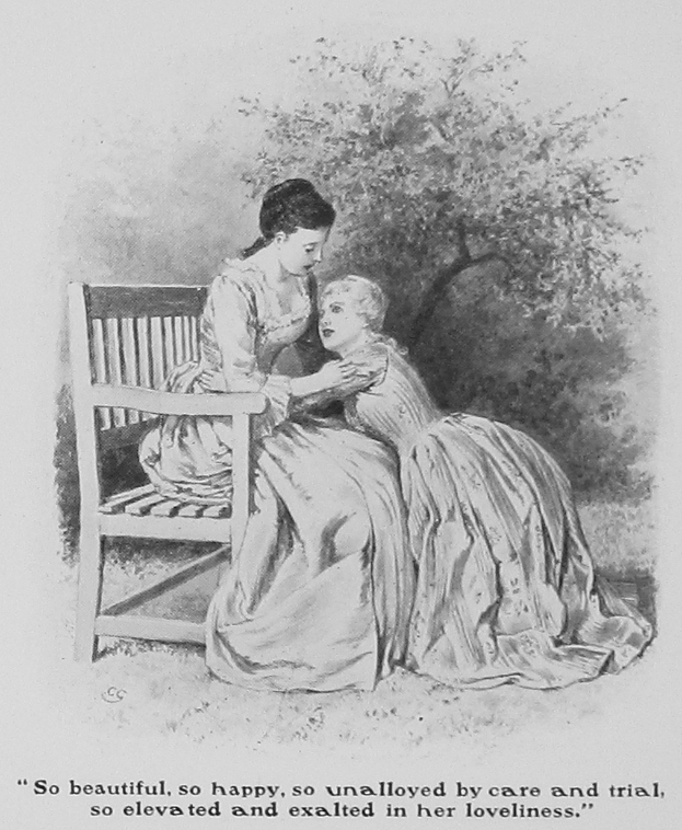 Eine Frau und ein Kind sitzen auf einer Bank unter einem Baum, mit Text am unteren Rand, der ihre Freude beschreibt.