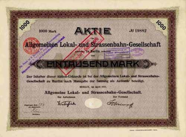 Alter deutscher Aktienchein von der deutschen Regierung ausgestellt, mit gedrucktem Text und numerischen Details.