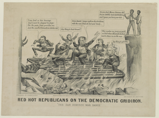 Eine Zeichnung auf Papier zeigt rote Figuren, die als 'Republikaner' bezeichnet werden, auf einem blauen Gridiron, mit wütenden Gesichtern und erhobenen Armen, begleitet von fetter schwarzer Schrift.