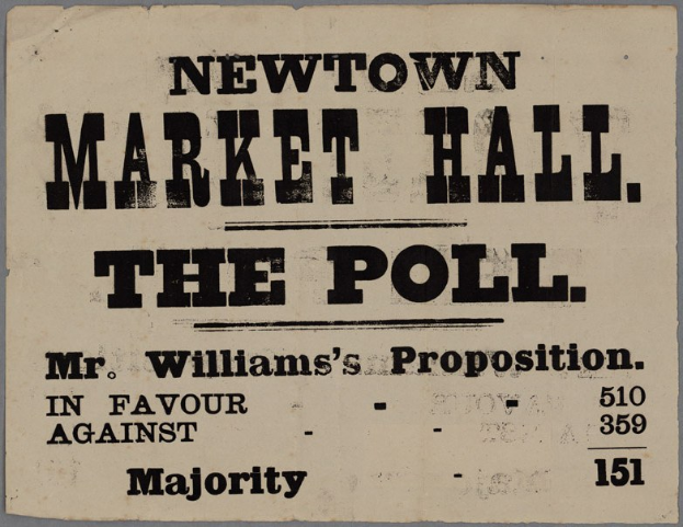Papier mit handgeschriebenem Text, der "Newtown Market Hall, die Wahl, Mr. Williams' Proposition für gegen Mehrheit" lautet.