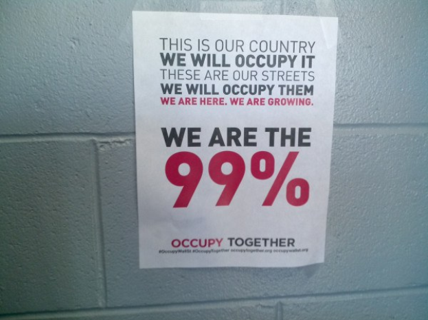 Plakat an einer Wand mit fettgedrucktem schwarzem Text "Occupy Wall Street" und "Wir sind die 99%".