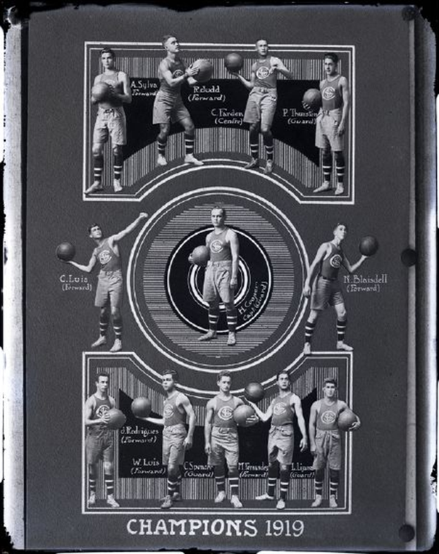 Ein Schwarz-Weiß-Foto von einer Gruppe von Männern, die nebeneinander stehen und jeweils einen Basketball halten, mit der Aufschrift "Meister 1919".