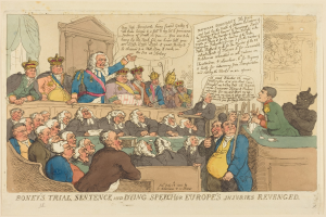 Cartoon-Courtroom-Szene mit einem zentralen stehenden Mann, sitzenden Figuren, einem Tisch mit Gegenständen auf der rechten Seite und Text unten, der 'Boney's Trial, Sentence, and Dying Speech Europe's Injuries Revenged' lautet.