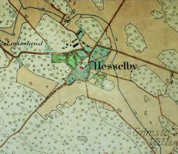 Alte Karte von Hesselby mit detaillierten Straßen, Gebäuden und Landmarken, die durch Text und Zahlen markiert sind.