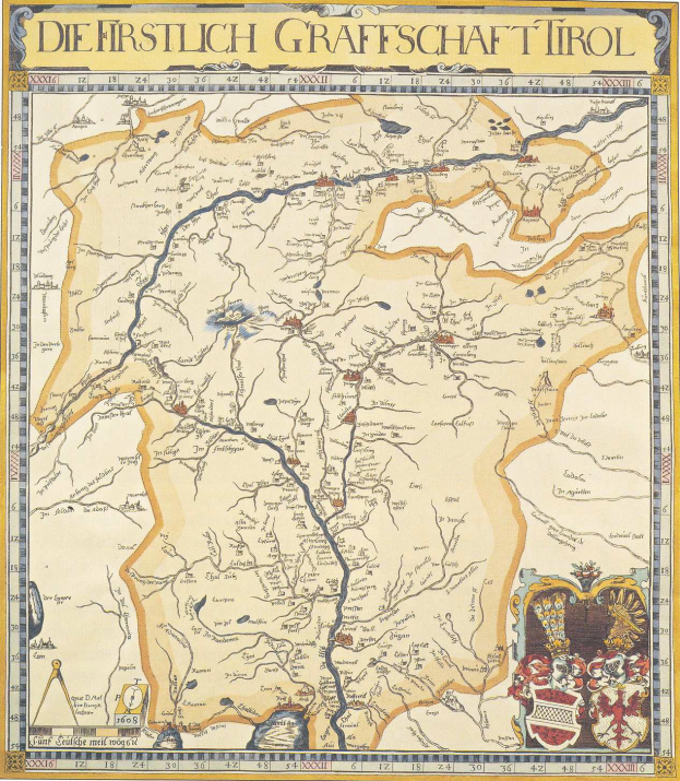 Eine detaillierte Karte der ersten deutschen Grafschaft Tirol mit geographischen Elementen wie Flüssen, Bergen und Städten sowie begleitendem informativem Text und Bildern.