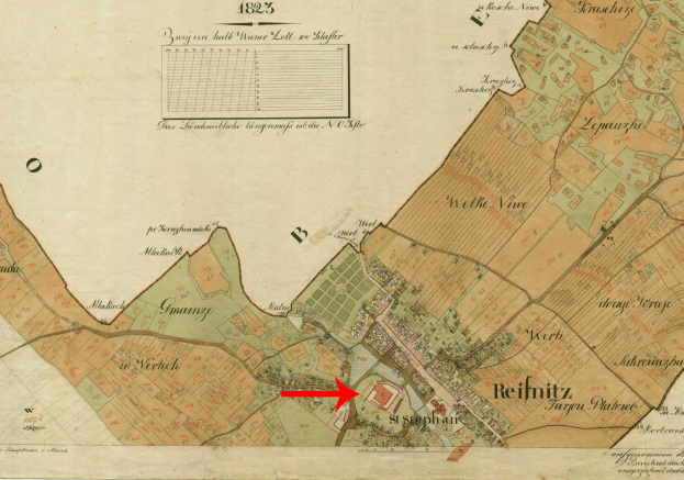 Ein alter Stadtplan von Reifnitz, Deutschland, mit einem roten Pfeil, der auf die Stadt zeigt, und Straßen, Gebäuden, Sehenswürdigkeiten und Text, der die Bevölkerung, Sehenswürdigkeiten und Straßen beschreibt.