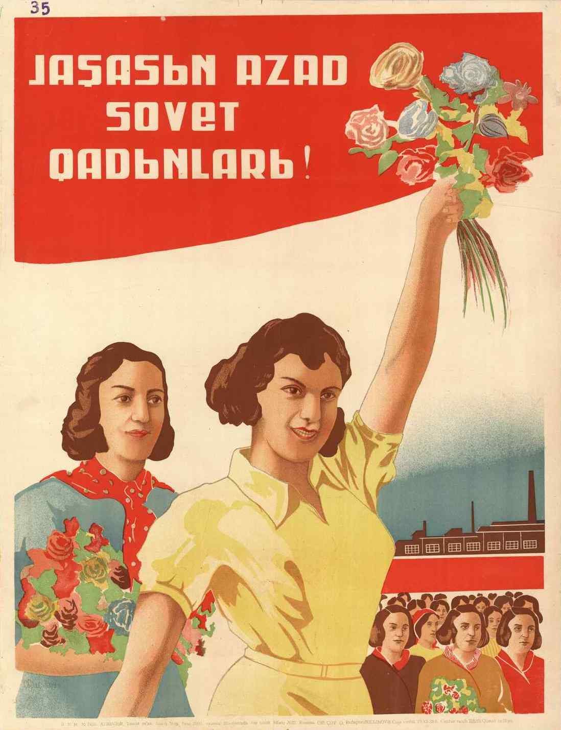 Sowjetisches Propagandaplakat zum Internationalen Frauentag, das eine Frau mit Blumen in der Hand zeigt, umgeben von einer Menge und einem Gebäude, mit der Aufschrift "Frauentag."