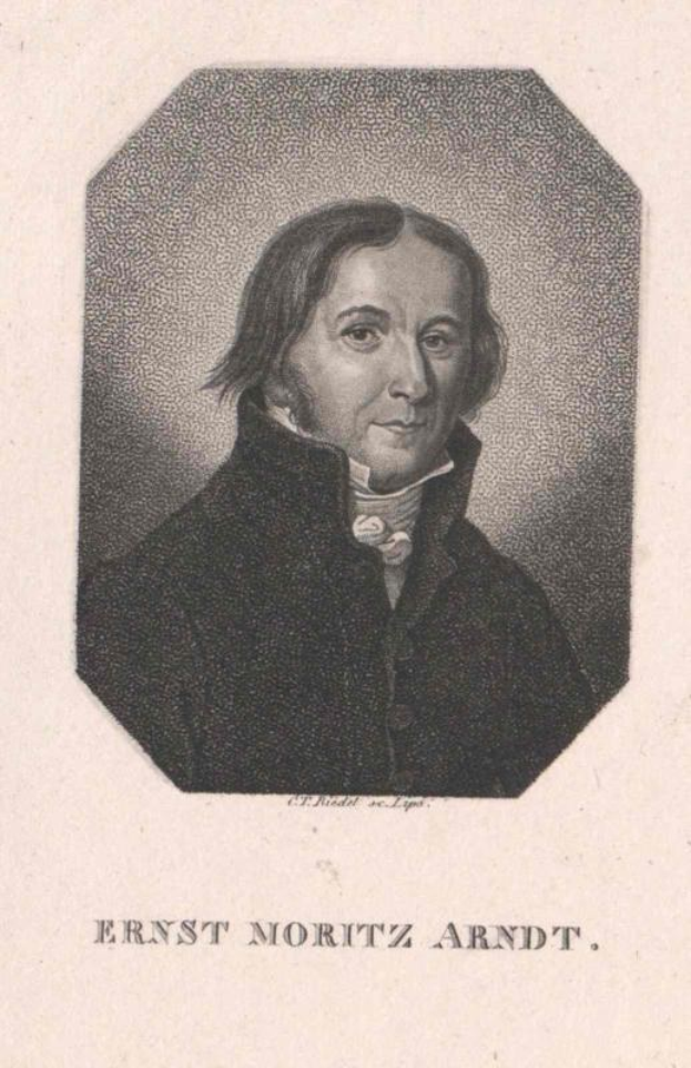 Schwarzes und weißes Porträt von Ernst Moritz Arndt, einem deutschen Komponisten, mit Text unten.
