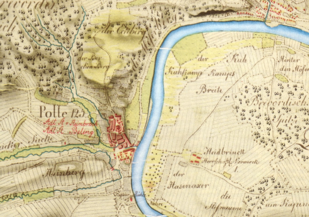 Detailiertes altes Stadtplan von Polle, Deutschland, mit einem Fluss, Stra\ssen, Geb"uden und anderen Merkmalen.