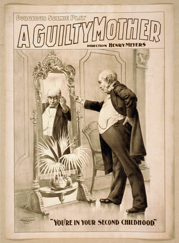 Plakat mit einem Mann, der vor einem Spiegel steht, im Hintergrund ein Stuhl und eine Pflanze, Text lautet "Eine schuldige Mutter - Du bist in deiner zweiten Kindheit."