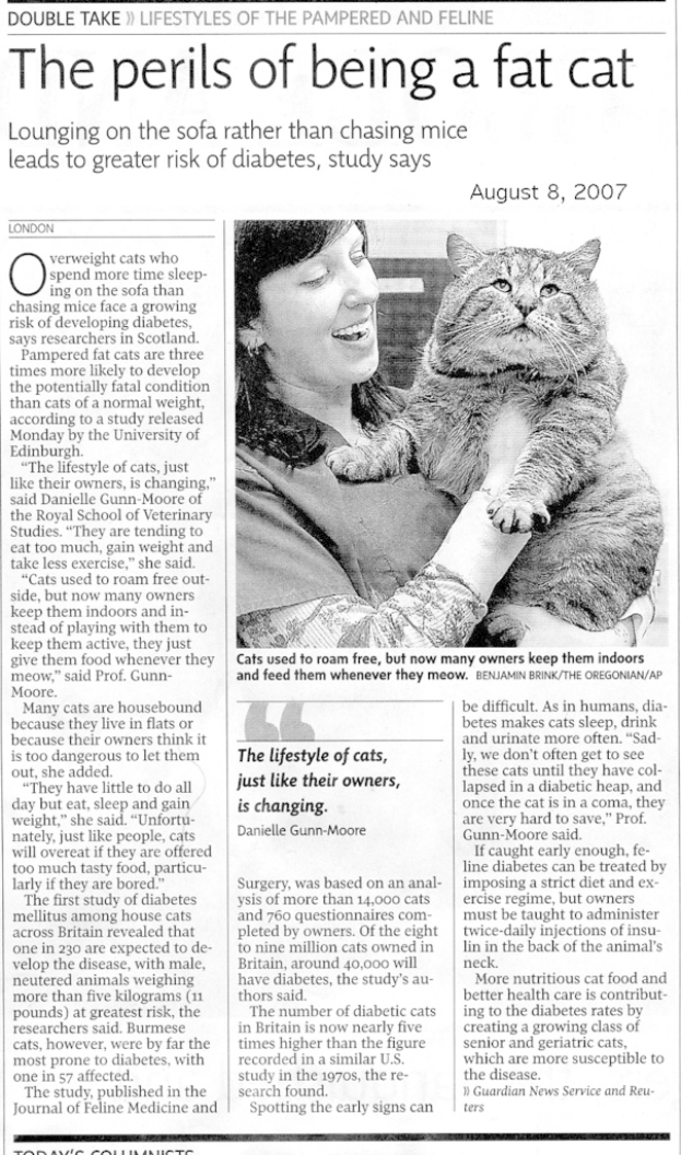 Ein Zeitungsartikel mit einem Foto einer Frau, die rechts eine Katze hält.