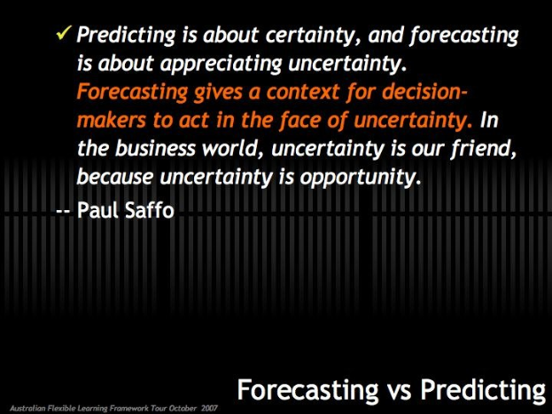 Schwarzer Hintergrund mit weißer Schrift, die "Forecasting vs Predicting: Predicting is about certainty, and forecasting is about appreciating uncertainty." lautet