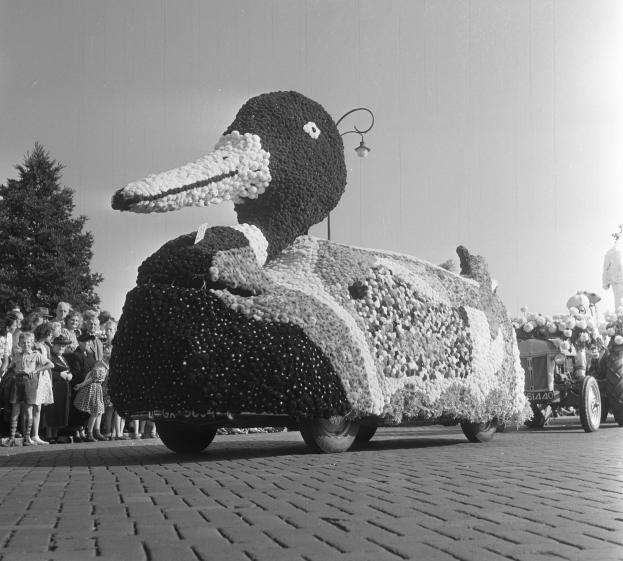 Ein Schwarz-Weiß-Foto eines mit Blumen geschmückten Entenwagens bei einem Umzug, umgeben von Menschen auf der linken Seite, Bäumen und einem klaren Himmel.