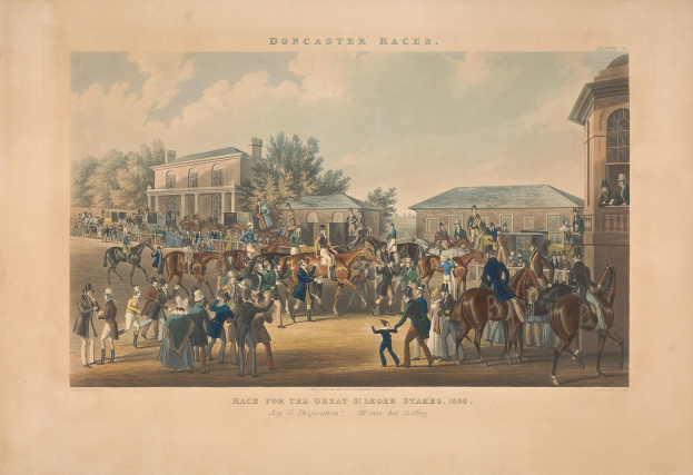 Gruppe von Menschen, die auf Pferden vor einem Gebäude reiten, mit Bäumen und Wolken im Hintergrund, beschriftet mit "Doncaster Races, Race for the Great Stakes, 1839".