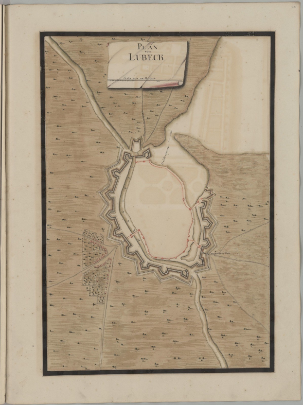 Ein abgenutztes Buch mit einer detaillierten historischen Karte von Lübeck, Deutschland, mit beschrifteten Straßen, Gebäuden und Sehenswürdigkeiten, begleitet von Texten, die die Bevölkerung, Geschichte und Kultur der Stadt beschreiben.