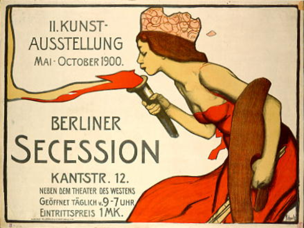 Plakatankündigung einer Berliner Secession im Jahr 1900 mit einer Frau in rotem Kleid, die ein Objekt hält, und Textinformationen zum Ereignis.