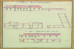Ein detailliertes Bild eines mehrfenstrigen Gebäudes mit einer Leiter, identifiziert als Schloss Schilbau, ein Gefängnis in Deutschland, auf einem Papier mit begleitendem Text.