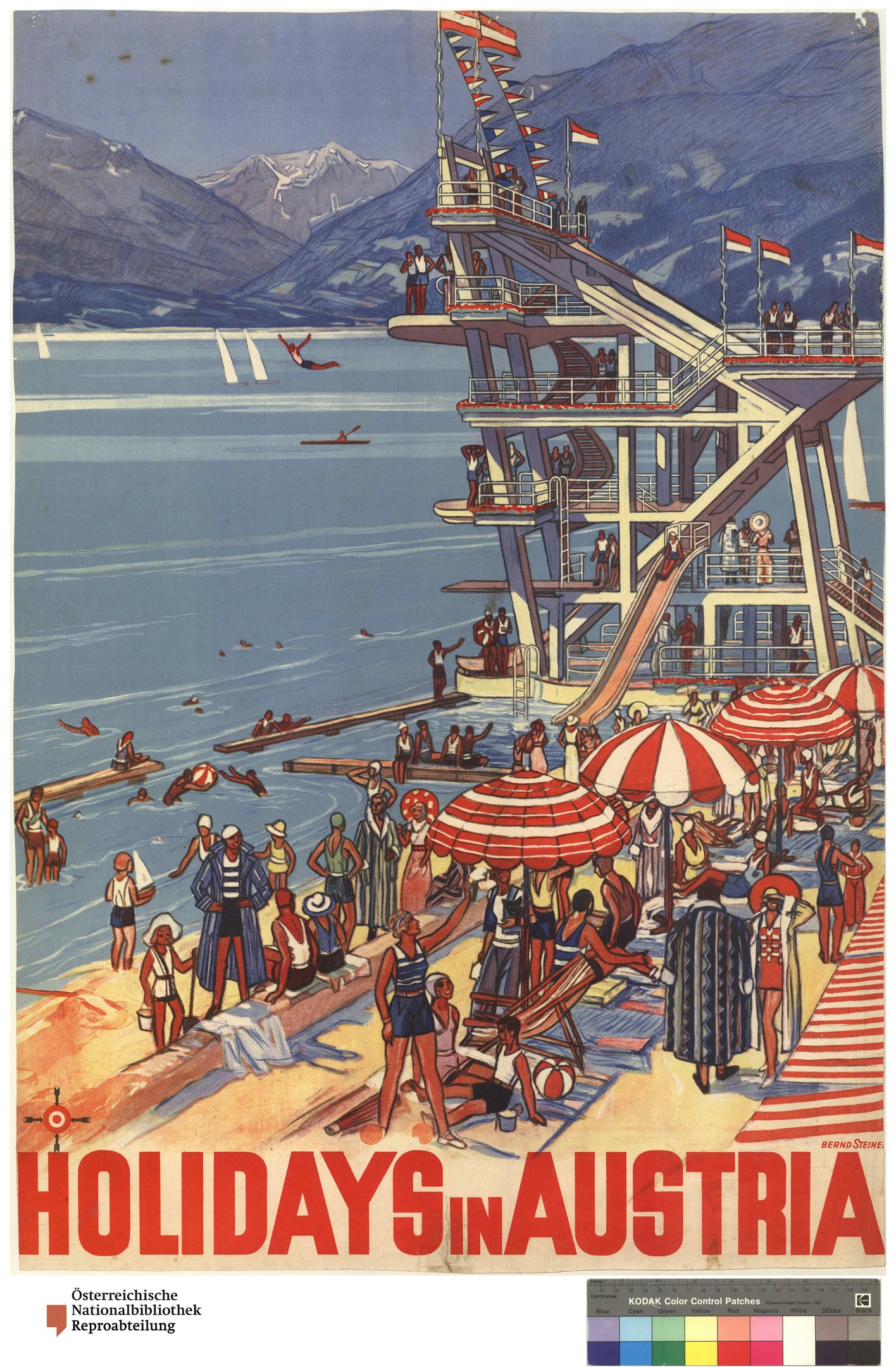 Plakat, das Ürlaub in Österreich anpreist, zeigt Menschen am Strand mit Schirmen, ein Schiff im Hintergrund, Fahnen und ferne Berge.