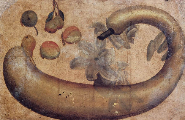 Gemälde einer Banane mit einer Blume darauf, umgeben von verschiedenen Frußchten und Blättern auf Papier mit leuchtenden Farben und deutlichen Details.