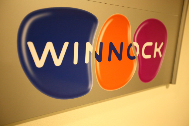 Leuchtend buntes "Winnock"-Zeichen an einer Wand, das einen Aktienmarkt anzeigt.