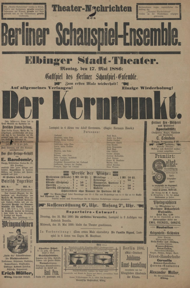 Alte Zeitungsanzeige für das Berliner Schauspiel-Ensemble mit einem Mann im Anzug und Krawatte