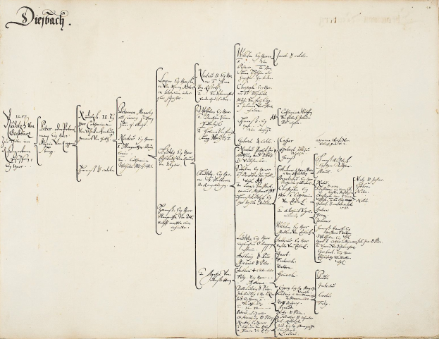 Ein aufgeschlagenes Buch, das eine handschriftliche genealogische Tafel einer deutschen Familie zeigt, gefüllt mit Texten, die die Familienmitglieder und ihre Abstammung beschreiben.