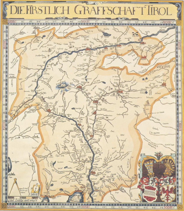Detailreiches historisches Plakat der ersten Grafschaft Tirol-Karte, das geografische Merkmale wie Flüsse, Berge und Städte zeigt und von begleitendem Text über die Region und ihre Bewohner informiert.