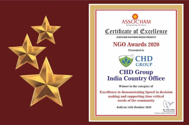 Auszeichnung 'Exzellenzzertifikat' für die Ngo Awards 2020 an Chd Group India Country Office verliehen, mit einem Schild-Logo mit einem zentralen Stern und einem Lorbeerkranz.