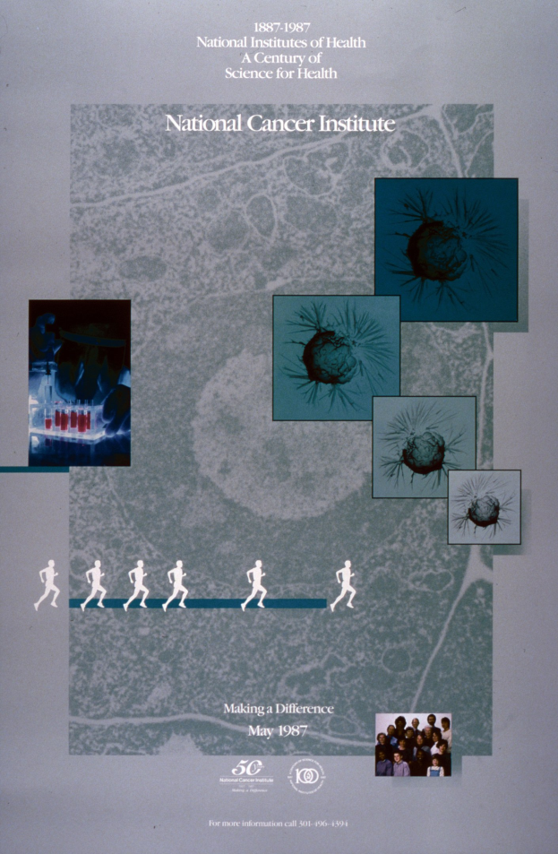 Buntes Plakat für das National Cancer Institute mit blauem Hintergrund und weißer Schrift, das ein Kreis aus überlappenden, lächelnden Bildern von verschiedenen Menschen um den fetten Titel "National Cancer Institute" zeigt.