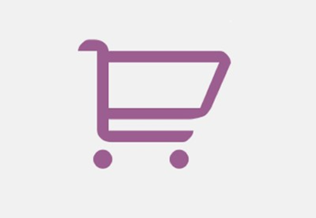 Ein lila Einkaufswagen-Icon auf einem weißen Hintergrund, gefüllt mit Obst, Gemüse und anderen Lebensmitteln, das eine E-Commerce-Website für den Verkauf von Produkten darstellt.