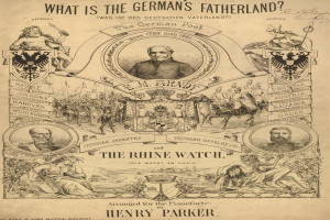 Ein Blatt mit Bildern von Menschen und Text, der lautet: Was ist das Vaterland der Deutschen? Die Rheinwacht von Henry Parker.